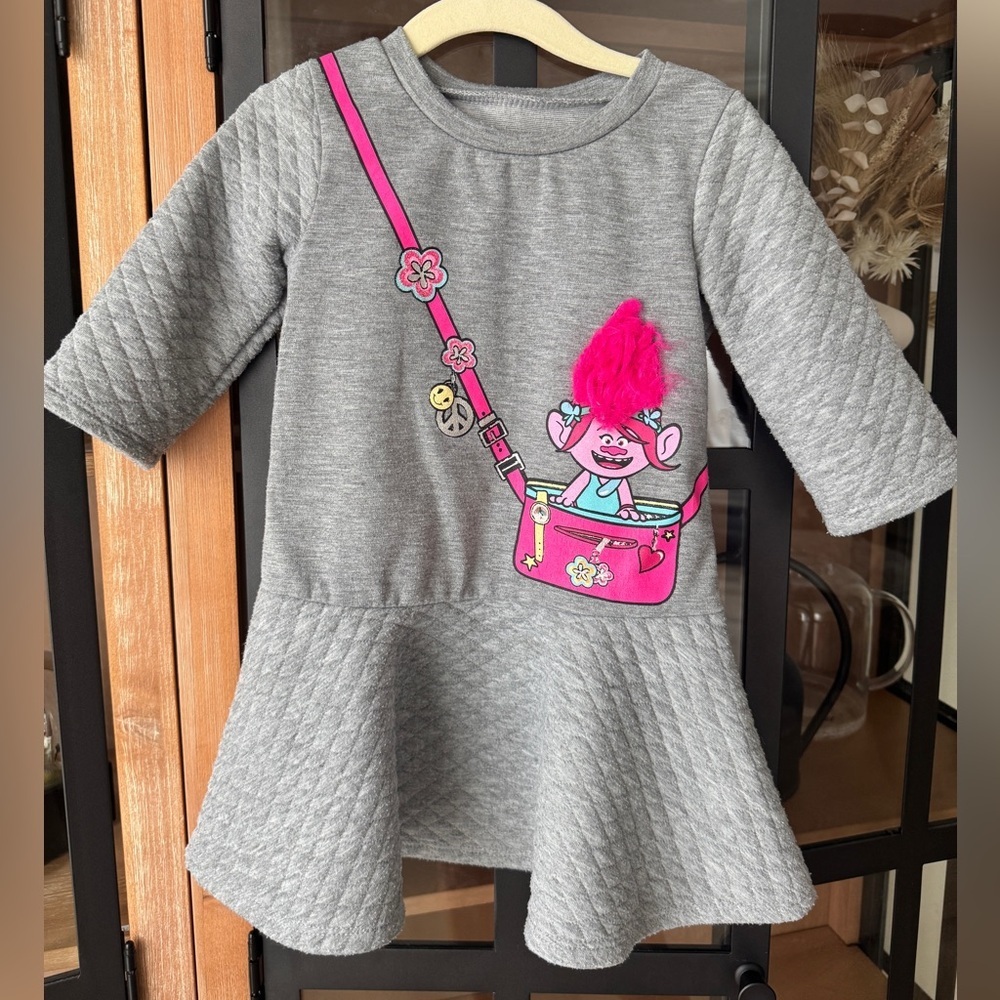 2016 Trolls Movie poppy dress long sleeve quilted sweater 3D hair toddler girls